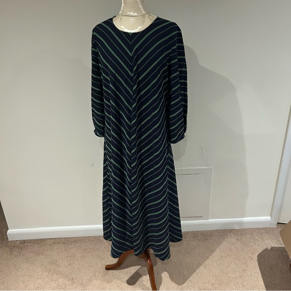 Nine West Navy Green Chevron Stripe Maxi Dress Size XL Long Sleeve Scoop Neck